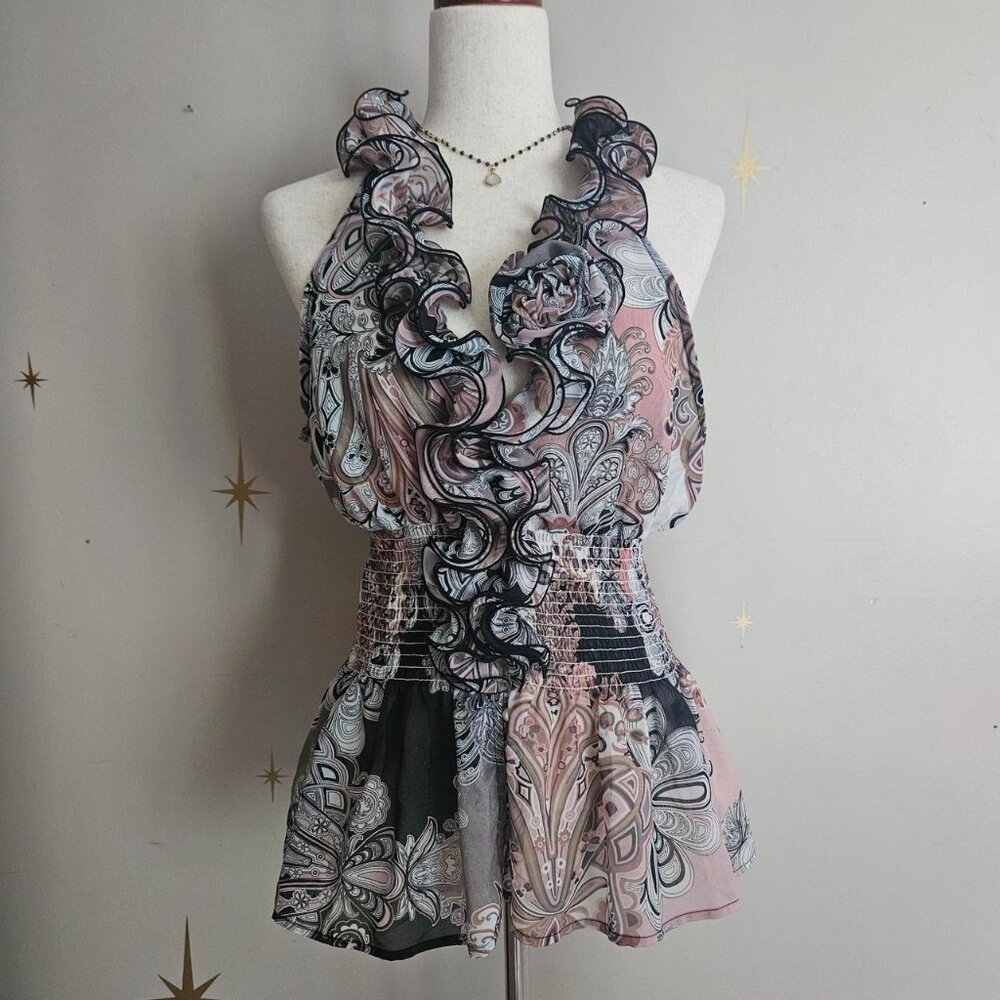 Grass Collection Mesh Paisley Sleeveless Blouse L / XL * Ruffles, shirring